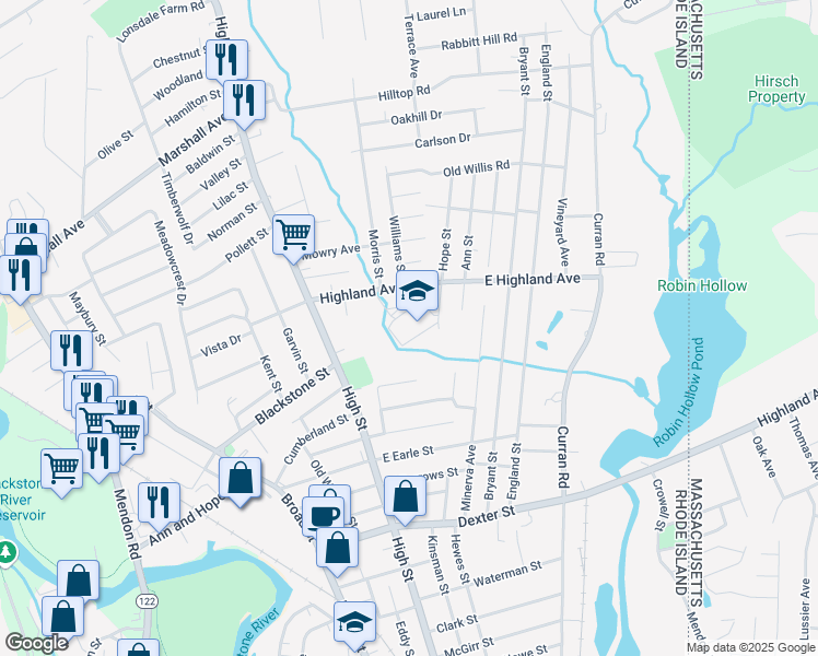 map of restaurants, bars, coffee shops, grocery stores, and more near 45 Highland Avenue in Cumberland