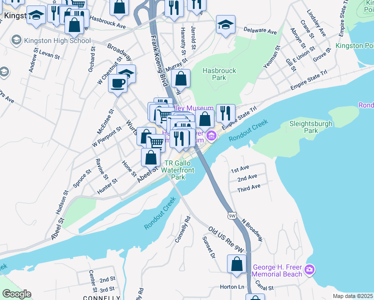 map of restaurants, bars, coffee shops, grocery stores, and more near Broadway & West Strand Street in Kingston