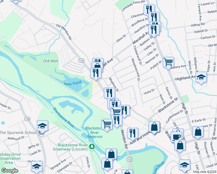 map of restaurants, bars, coffee shops, grocery stores, and more near 34 Castine Street in Cumberland