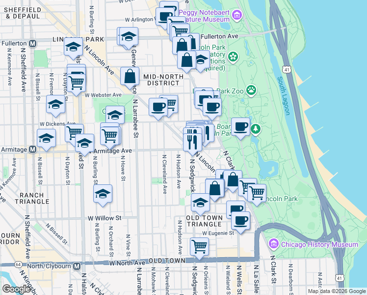 map of restaurants, bars, coffee shops, grocery stores, and more near 2008 North Sedgwick Street in Chicago