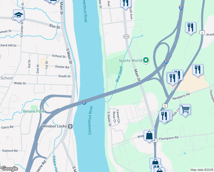 map of restaurants, bars, coffee shops, grocery stores, and more near South Water Street in East Windsor