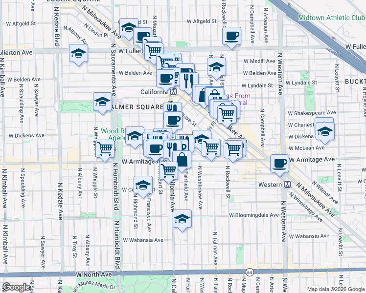 map of restaurants, bars, coffee shops, grocery stores, and more near 2123 North Point Street in Chicago