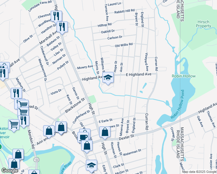 map of restaurants, bars, coffee shops, grocery stores, and more near 45 Highland Avenue in Cumberland