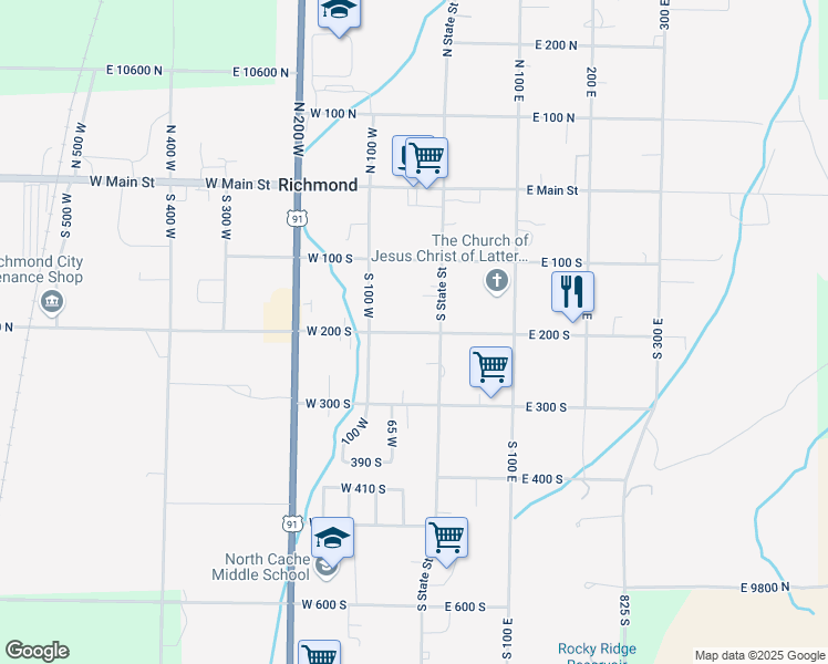 map of restaurants, bars, coffee shops, grocery stores, and more near 38 West 200 South in Richmond