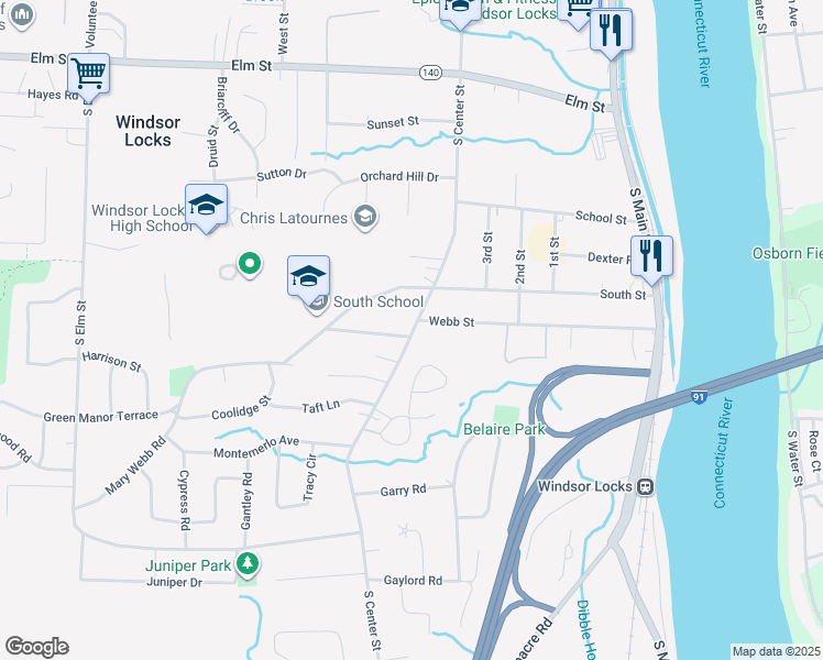 map of restaurants, bars, coffee shops, grocery stores, and more near 76 South Center Street in Windsor Locks