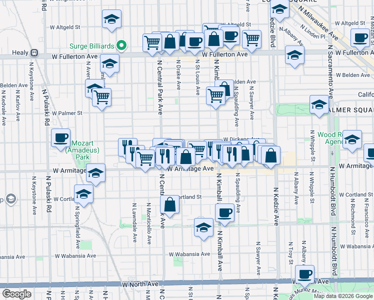 map of restaurants, bars, coffee shops, grocery stores, and more near 3509 West Dickens Avenue in Chicago