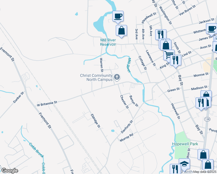 map of restaurants, bars, coffee shops, grocery stores, and more near 289 West Britannia Street in Taunton