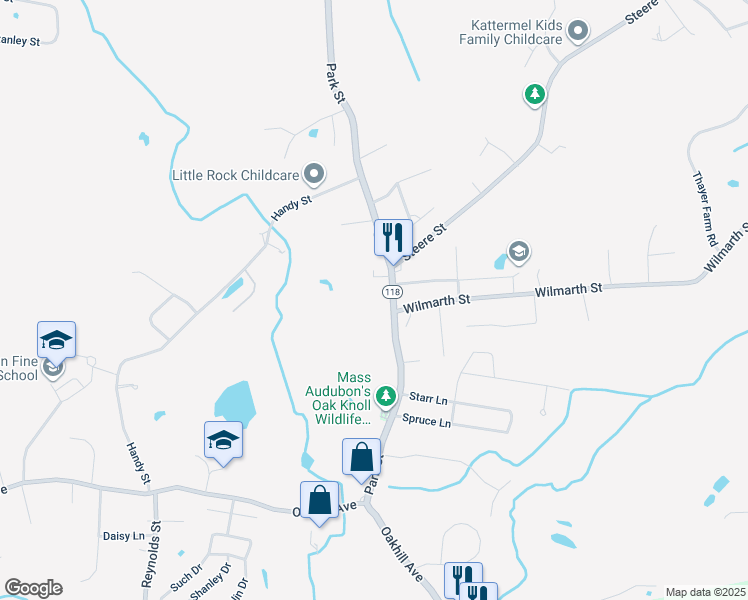 map of restaurants, bars, coffee shops, grocery stores, and more near 1259 Park Street in Attleboro