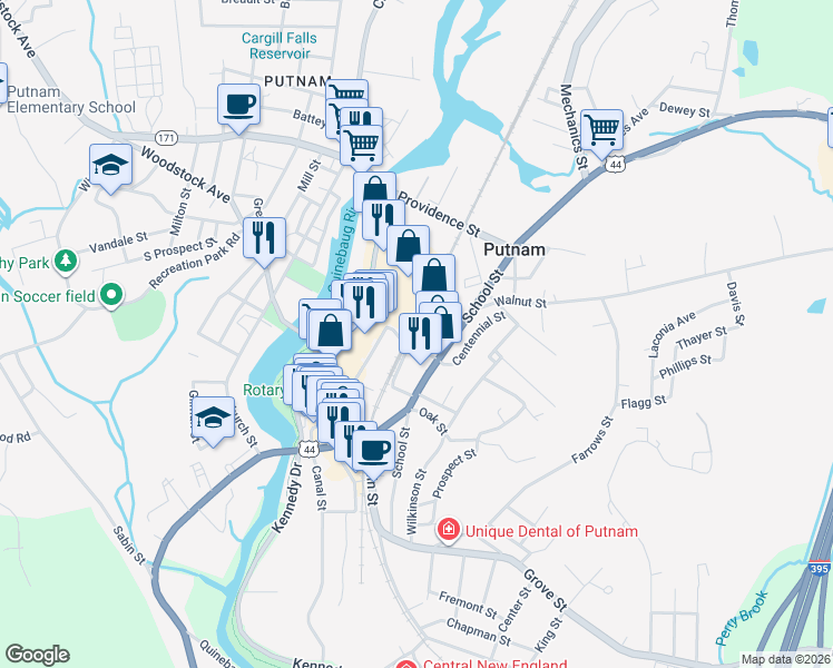 map of restaurants, bars, coffee shops, grocery stores, and more near 75 Railroad Street in Putnam