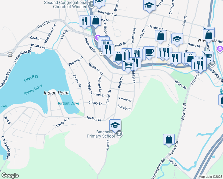 map of restaurants, bars, coffee shops, grocery stores, and more near 30 Birdsall Street in Winsted