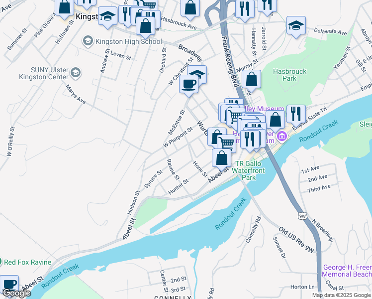 map of restaurants, bars, coffee shops, grocery stores, and more near 69 Spring Street in Kingston
