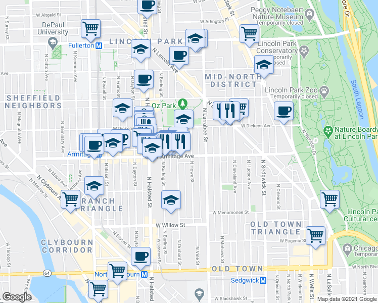 map of restaurants, bars, coffee shops, grocery stores, and more near 2028 North Howe Street in Chicago