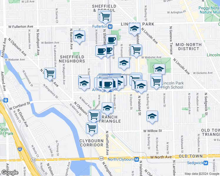 map of restaurants, bars, coffee shops, grocery stores, and more near 2028 North Bissell Street in Chicago