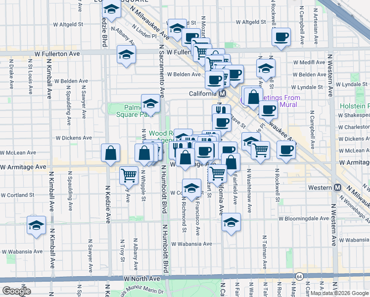 map of restaurants, bars, coffee shops, grocery stores, and more near 2907 West Dickens Avenue in Chicago