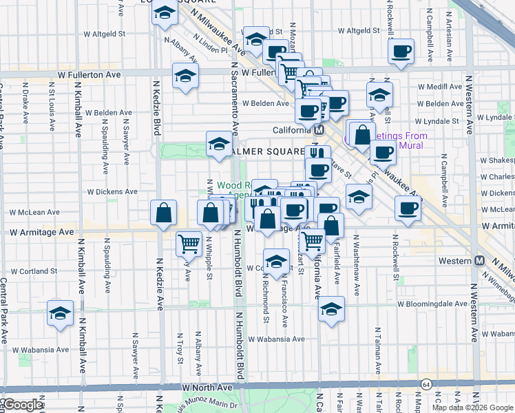 map of restaurants, bars, coffee shops, grocery stores, and more near 2907 West Dickens Avenue in Chicago