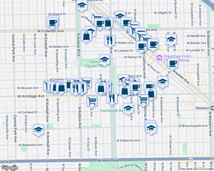 map of restaurants, bars, coffee shops, grocery stores, and more near 2053 North Whipple Street in Chicago