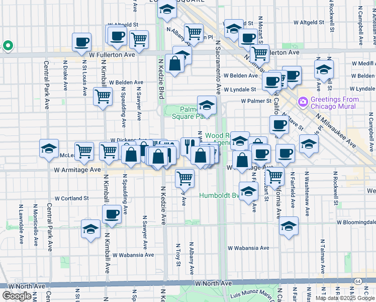 map of restaurants, bars, coffee shops, grocery stores, and more near 2053 North Albany Avenue in Chicago