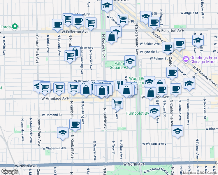 map of restaurants, bars, coffee shops, grocery stores, and more near 2057 North Kedzie Avenue in Chicago