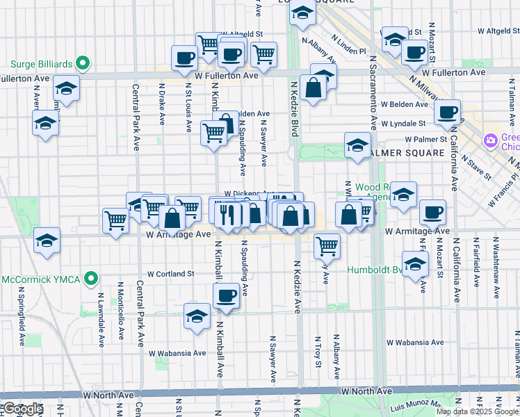 map of restaurants, bars, coffee shops, grocery stores, and more near in Chicago
