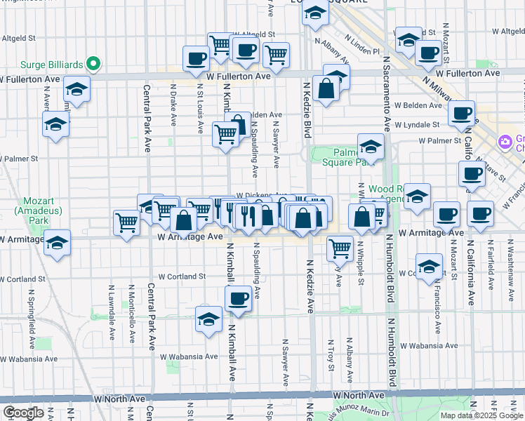 map of restaurants, bars, coffee shops, grocery stores, and more near in Chicago