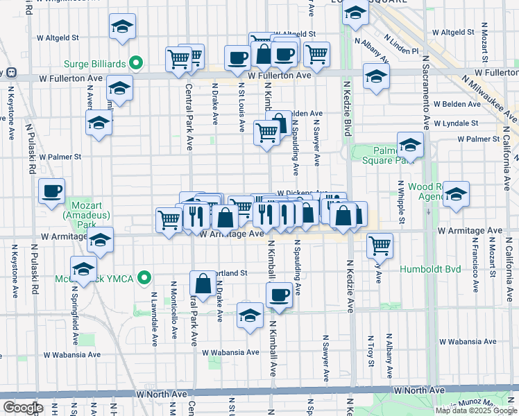 map of restaurants, bars, coffee shops, grocery stores, and more near 3426 West Mc Lean Avenue in Chicago