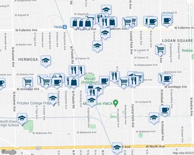 map of restaurants, bars, coffee shops, grocery stores, and more near 2059 North Avers Avenue in Chicago