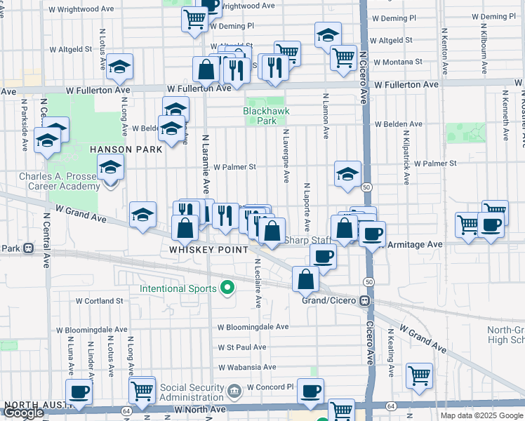 map of restaurants, bars, coffee shops, grocery stores, and more near 2109 North Leclaire Avenue in Chicago