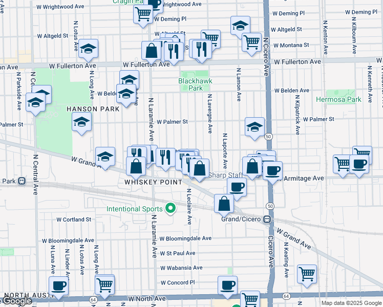 map of restaurants, bars, coffee shops, grocery stores, and more near 2109 North Leclaire Avenue in Chicago