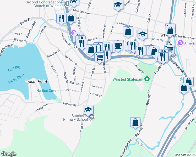 map of restaurants, bars, coffee shops, grocery stores, and more near 39 Rockwell Street in Winsted