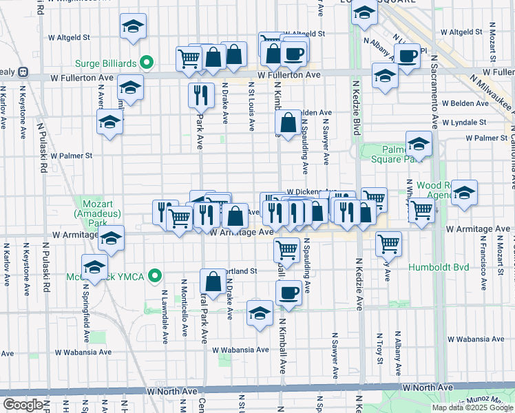 map of restaurants, bars, coffee shops, grocery stores, and more near 3434 West McLean Avenue in Chicago