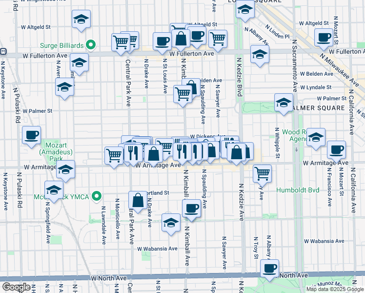 map of restaurants, bars, coffee shops, grocery stores, and more near 3404 West McLean Avenue in Chicago