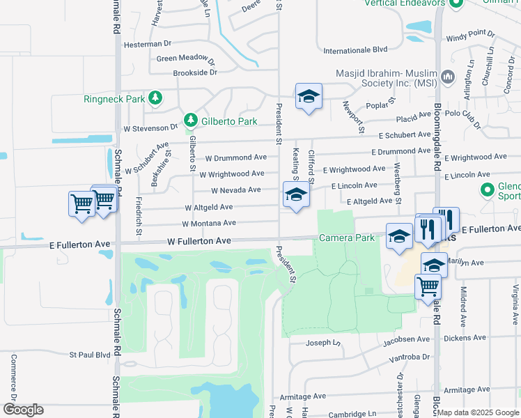 map of restaurants, bars, coffee shops, grocery stores, and more near 25 West Altgeld Avenue in Glendale Heights