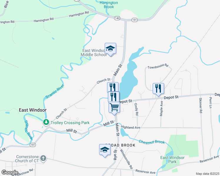 map of restaurants, bars, coffee shops, grocery stores, and more near 88 Main Street in East Windsor