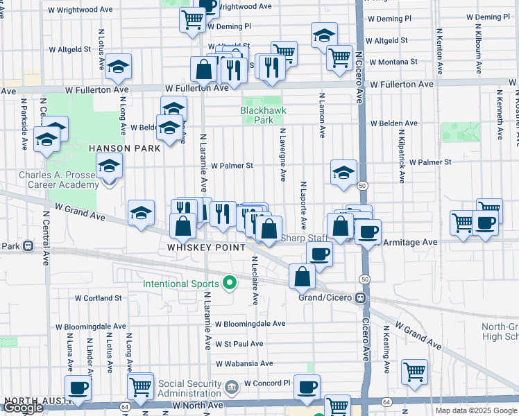 map of restaurants, bars, coffee shops, grocery stores, and more near 2109 North Leclaire Avenue in Chicago