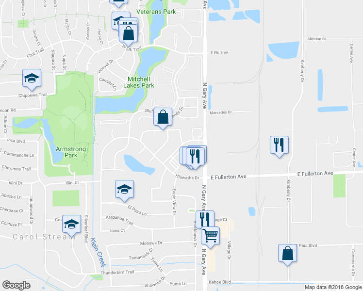 map of restaurants, bars, coffee shops, grocery stores, and more near 94 Greenway Trail in Carol Stream