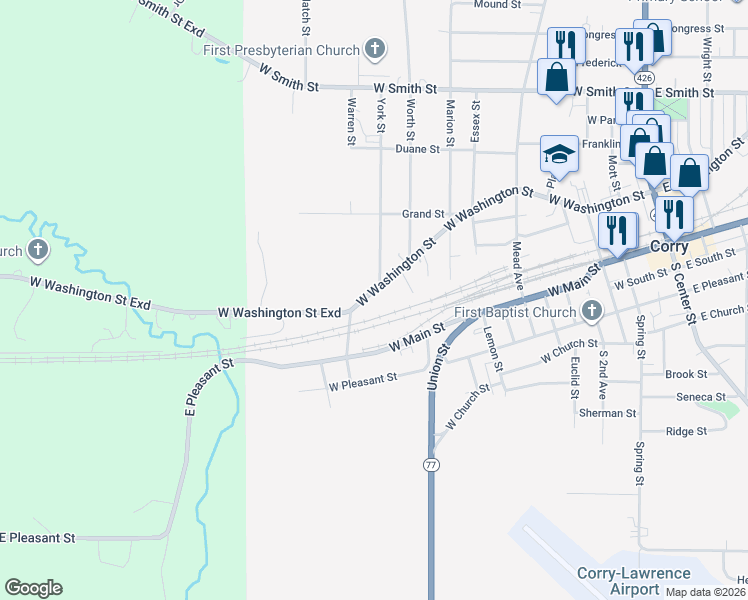 map of restaurants, bars, coffee shops, grocery stores, and more near 701-799 W Washington St in Corry