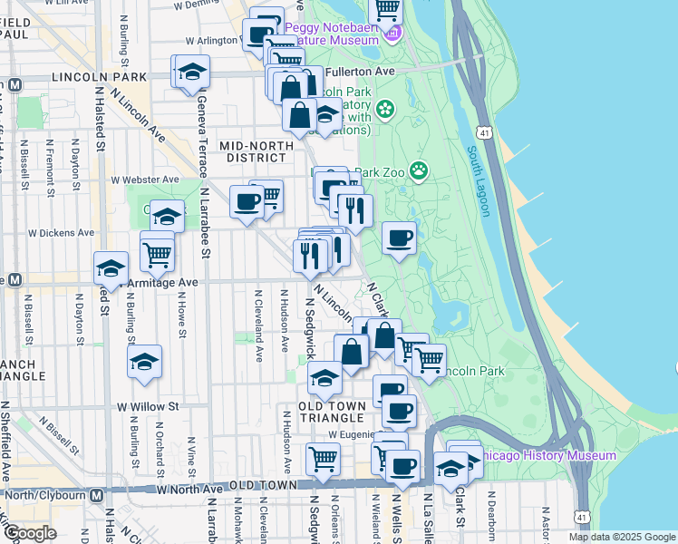 map of restaurants, bars, coffee shops, grocery stores, and more near 322 West Armitage Avenue in Chicago