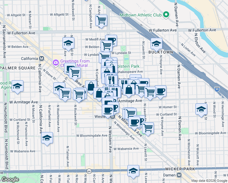 map of restaurants, bars, coffee shops, grocery stores, and more near 2346 West McLean Avenue in Chicago