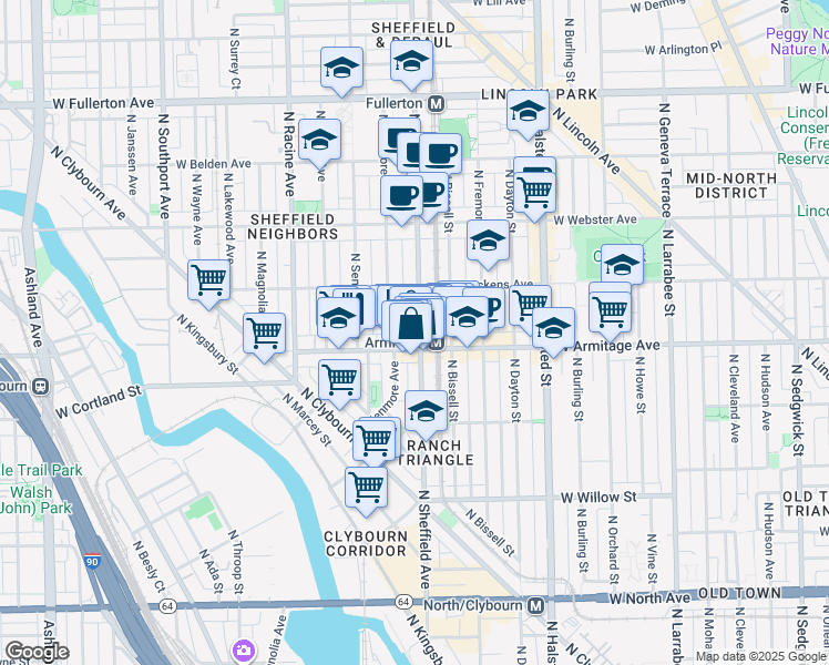 map of restaurants, bars, coffee shops, grocery stores, and more near 2028 North Sheffield Avenue in Chicago