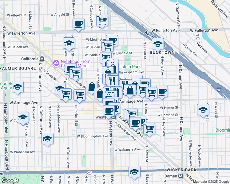 map of restaurants, bars, coffee shops, grocery stores, and more near 2346 West McLean Avenue in Chicago