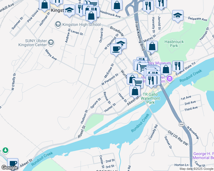 map of restaurants, bars, coffee shops, grocery stores, and more near 91b West Pierpont Street in Kingston