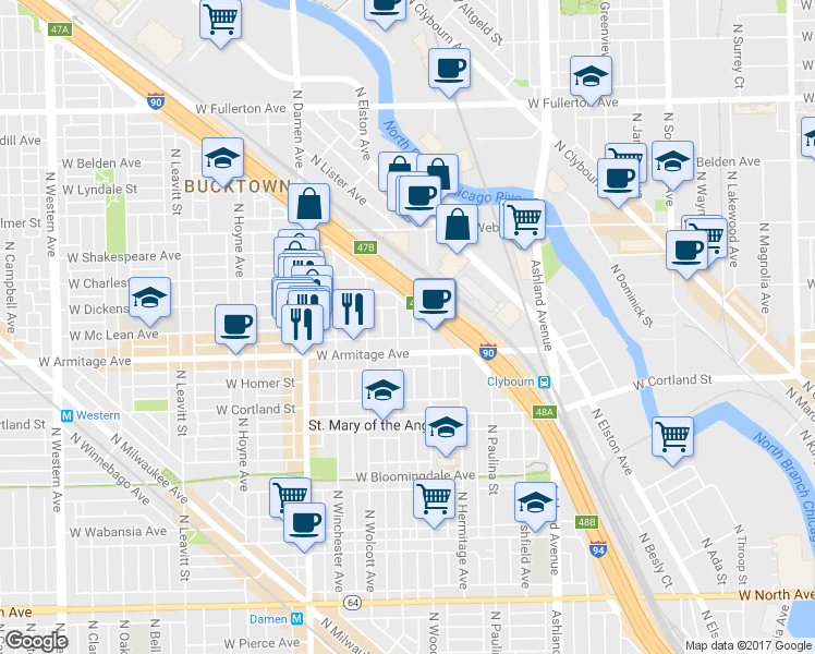 map of restaurants, bars, coffee shops, grocery stores, and more near 2039 North Honore Street in Chicago