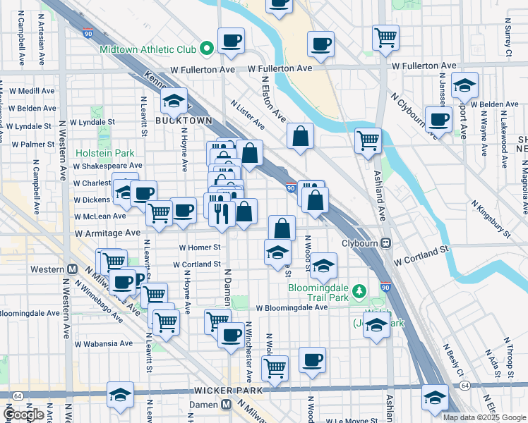 map of restaurants, bars, coffee shops, grocery stores, and more near 2039 North Wolcott Avenue in Chicago