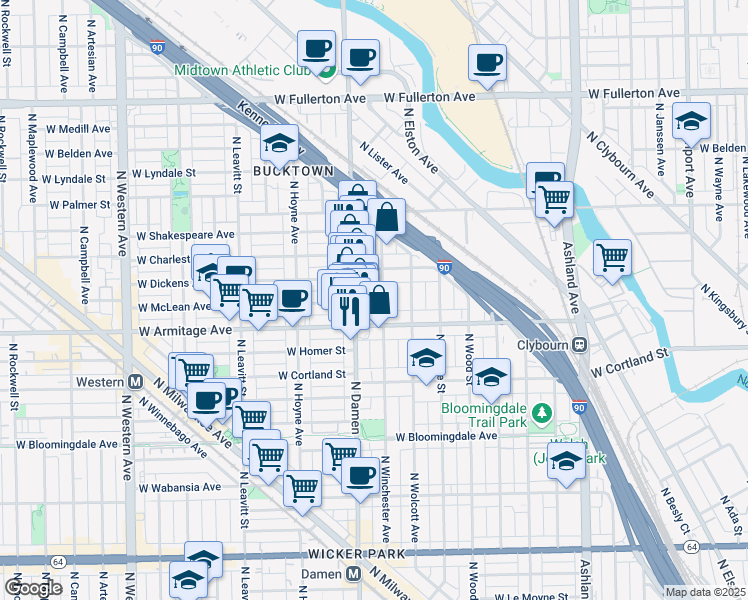 map of restaurants, bars, coffee shops, grocery stores, and more near 2048 North Winchester Avenue in Chicago