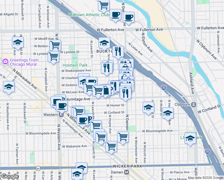 map of restaurants, bars, coffee shops, grocery stores, and more near 2049 West Dickens Avenue in Chicago