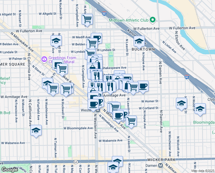 map of restaurants, bars, coffee shops, grocery stores, and more near 2044 North Oakley Avenue in Chicago