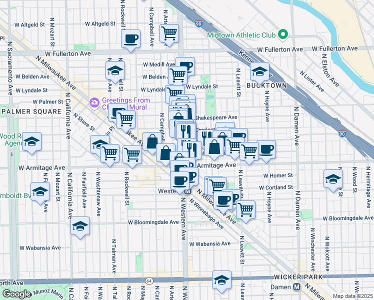 map of restaurants, bars, coffee shops, grocery stores, and more near 2067 North Western Avenue in Chicago