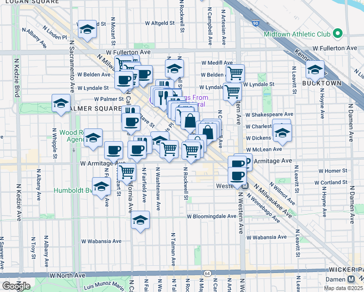 map of restaurants, bars, coffee shops, grocery stores, and more near 2118 North Bingham Street in Chicago