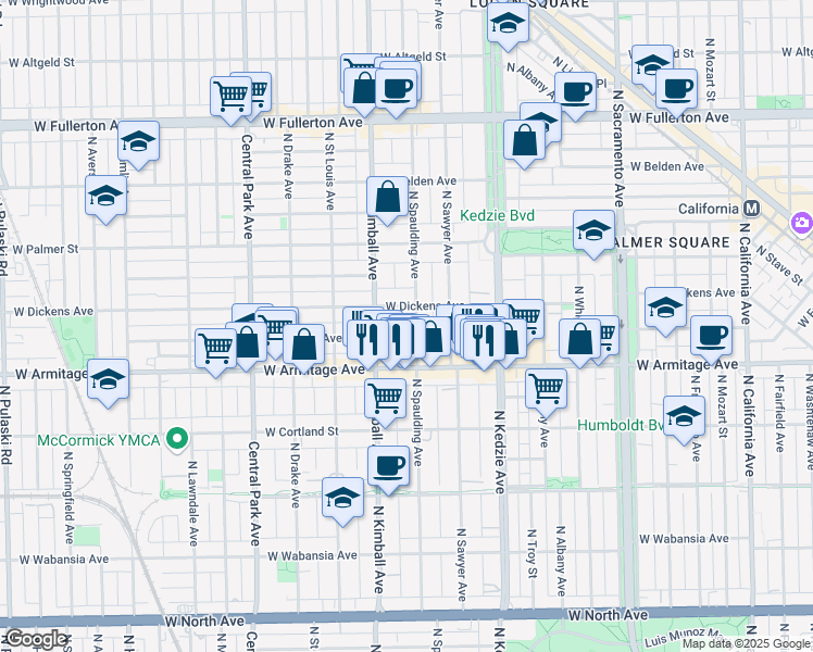 map of restaurants, bars, coffee shops, grocery stores, and more near 3315 West Dickens Avenue in Chicago