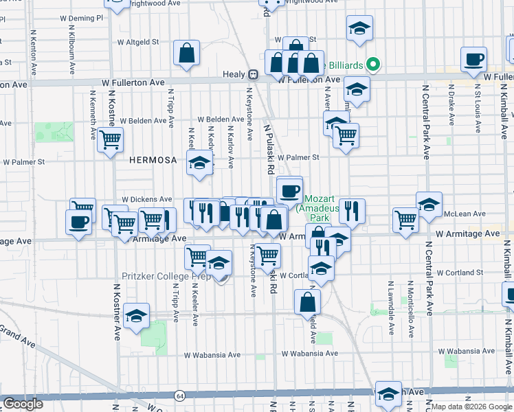 map of restaurants, bars, coffee shops, grocery stores, and more near 2101 North Keystone Avenue in Chicago